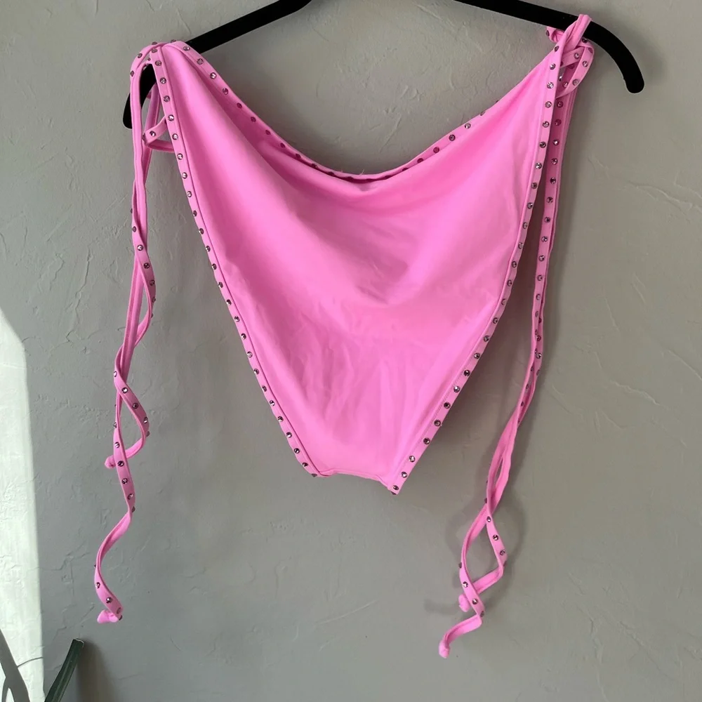 🌸SKIMS RHINESTONE SWIM BIKINI TIE BOTTOMS IN LIGHT PINK 4X